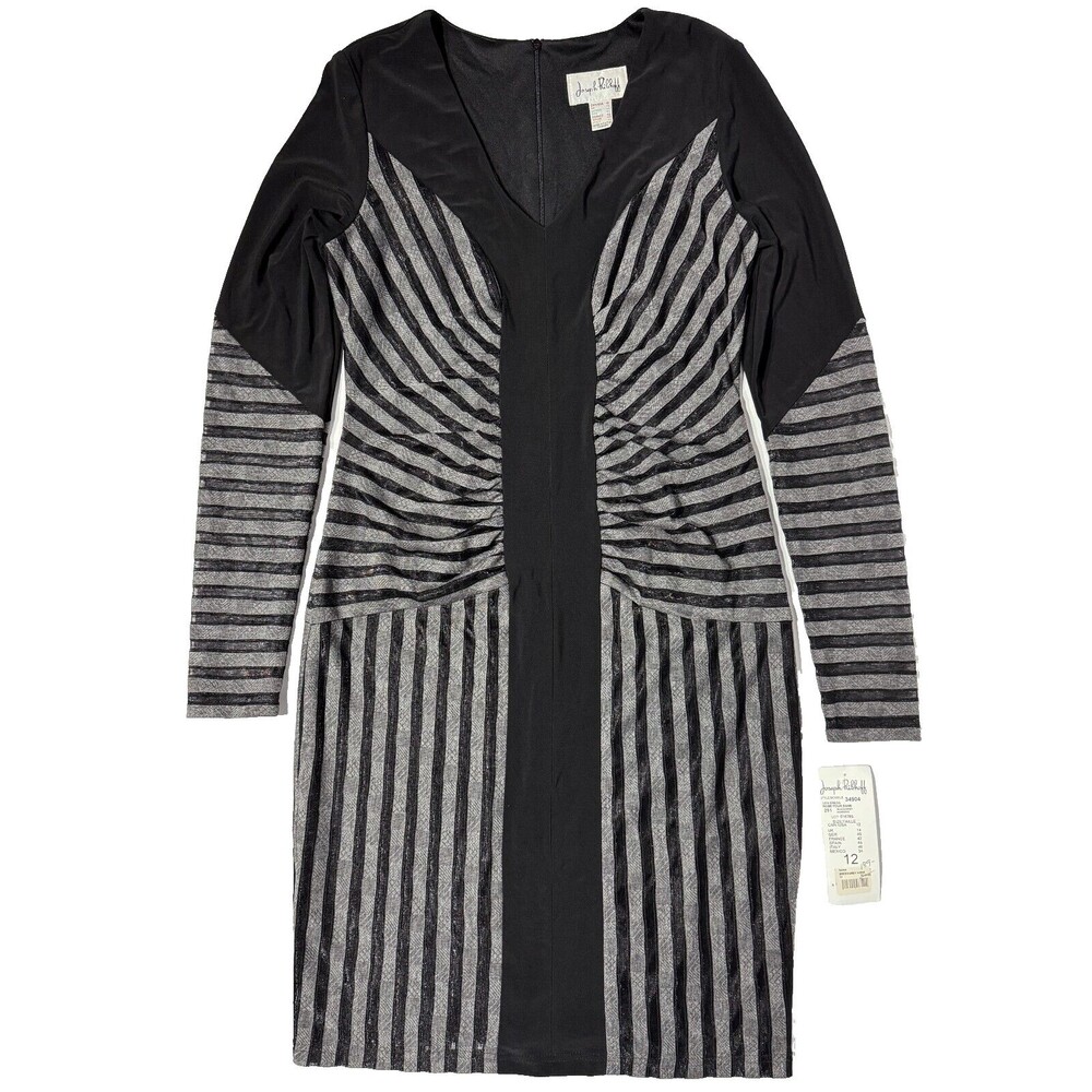 NWT Joseph Ribkoff Fitted Long Sleeve Midi Dress Black Gray Stripes Women Sz. 12